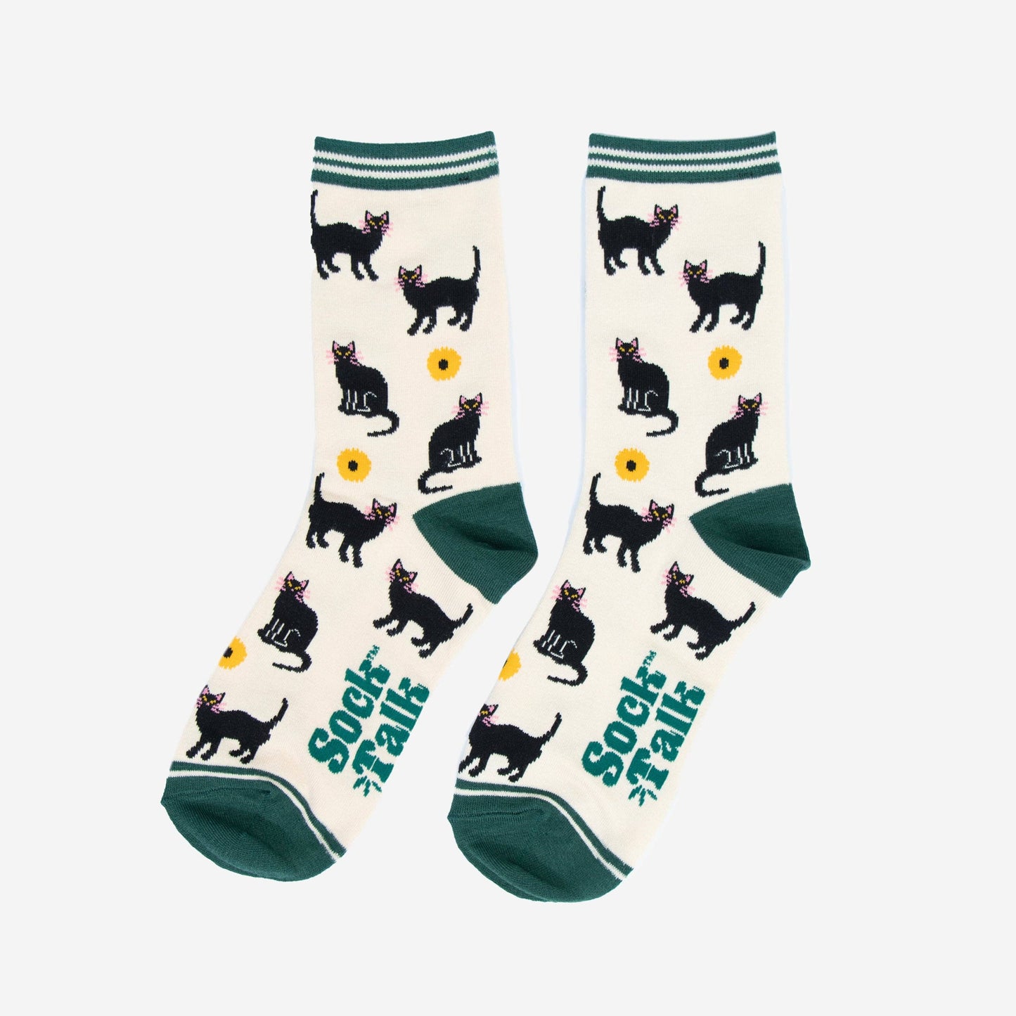 Women's Ankle Sock - Cream/Green, Cats and Sunflowers: UK 3-7 | EU 36-40 | US 5-9