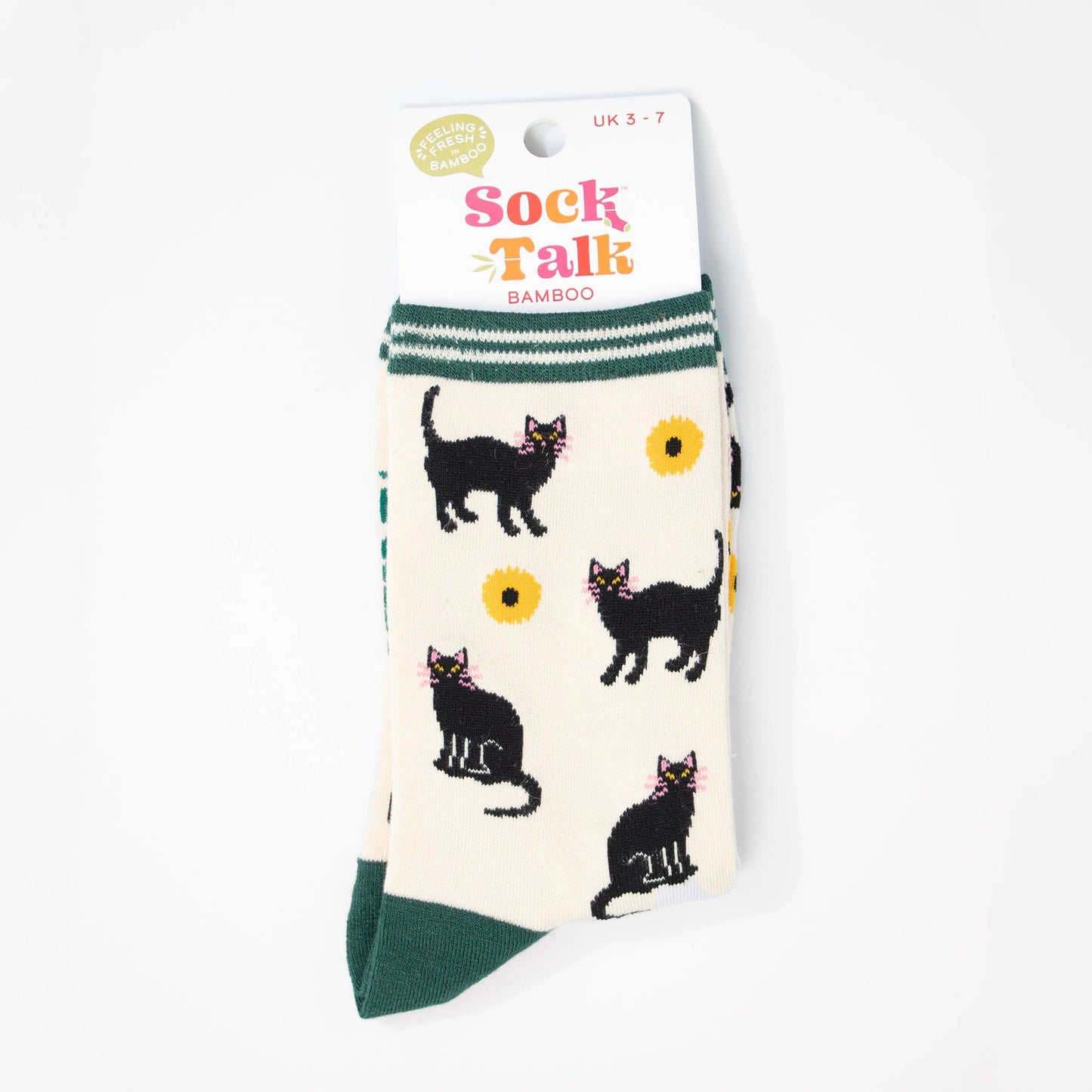 Women's Ankle Sock - Cream/Green, Cats and Sunflowers: UK 3-7 | EU 36-40 | US 5-9