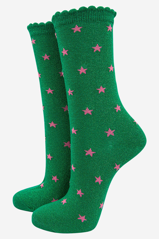 Womens Star Print Cotton Glitter Socks in Green: UK 3-7 | EU 36-40 | US 5-9