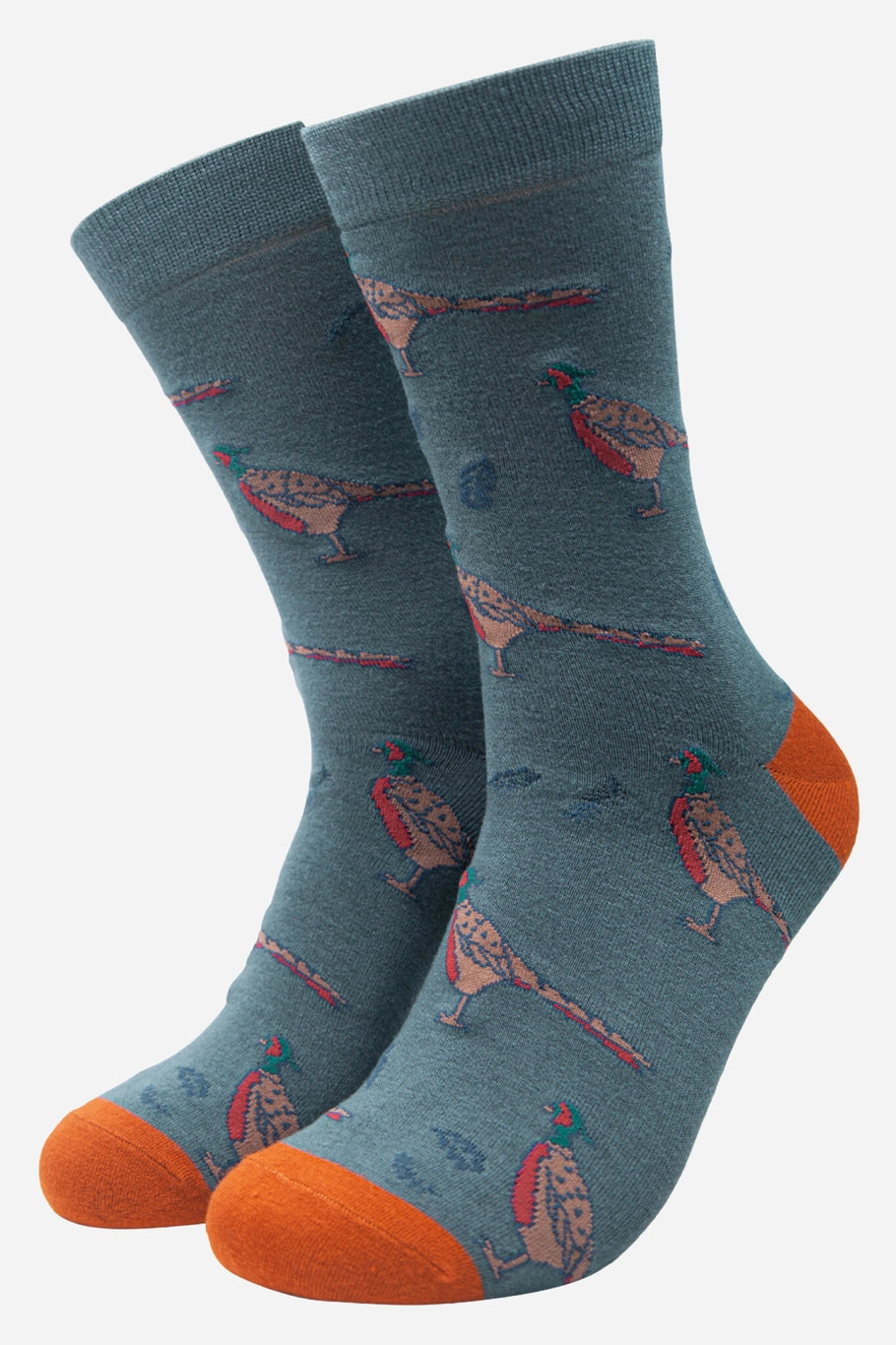 Men's Teal Bamboo Socks - Pheasant Print