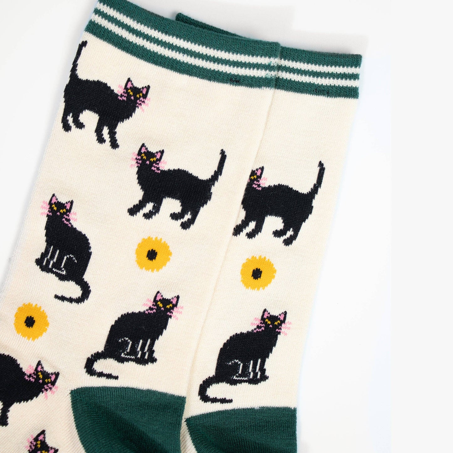 Women's Ankle Sock - Cream/Green, Cats and Sunflowers: UK 3-7 | EU 36-40 | US 5-9