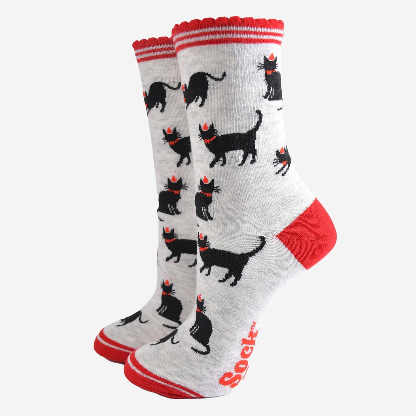 Women's Bamboo Socks - Grey/Red, Christmas Cats: UK 3-7 | EU 36-40 | US 5-9