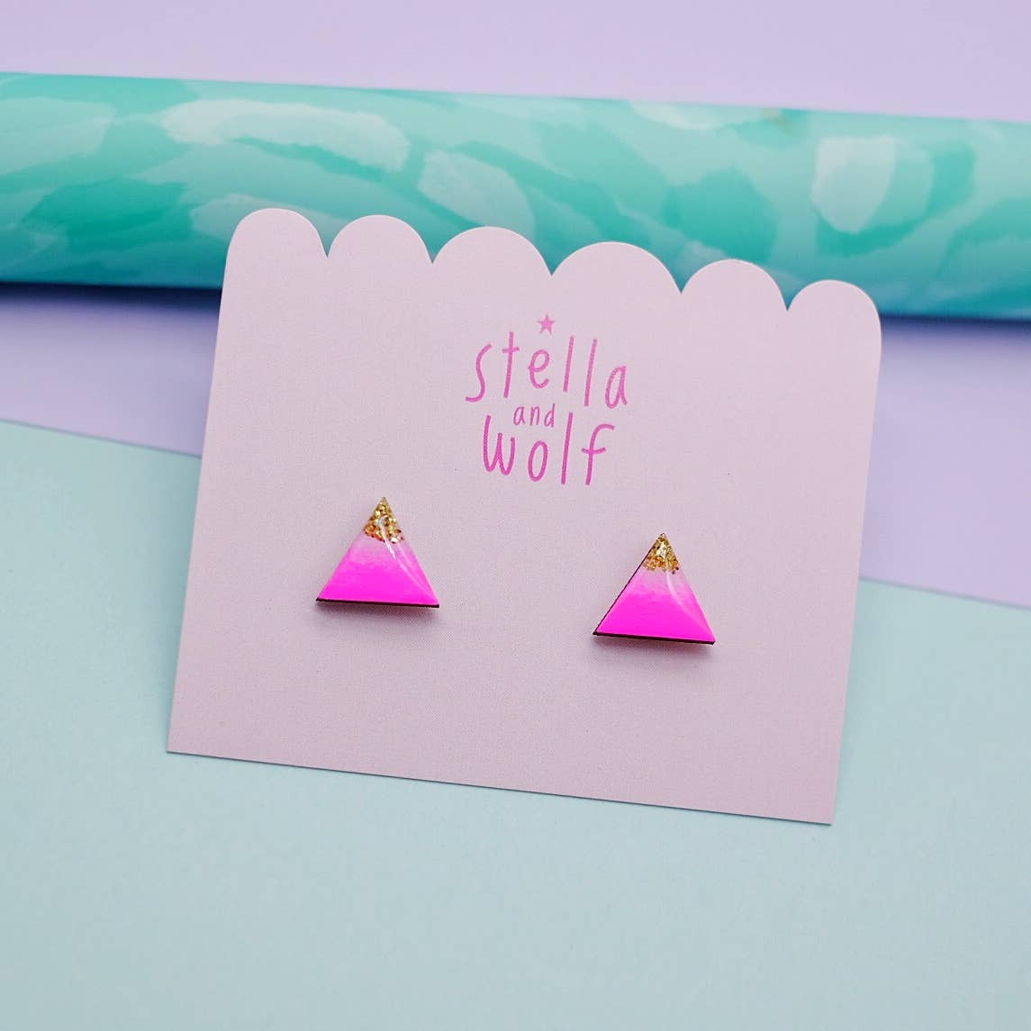 Neon pink and gold glitter triangle studs