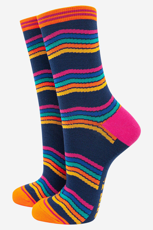 Women's Rainbow Stripe Bamboo Socks in Navy Blue Multi: UK 3-7 | EU 36-40 | US 5-9