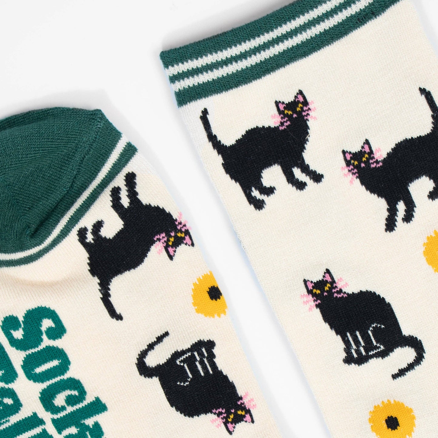 Women's Ankle Sock - Cream/Green, Cats and Sunflowers: UK 3-7 | EU 36-40 | US 5-9