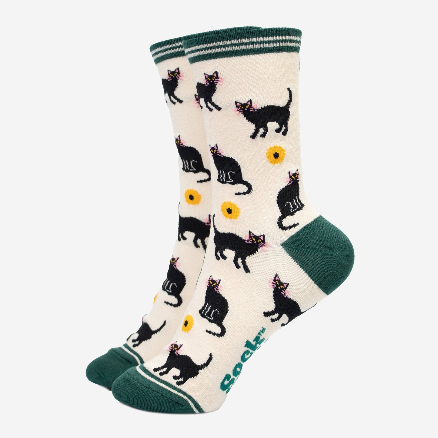 Women's Ankle Sock - Cream/Green, Cats and Sunflowers: UK 3-7 | EU 36-40 | US 5-9