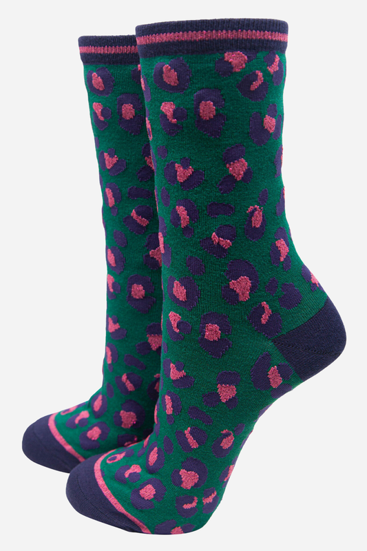 Women's Bamboo Socks Leopard Print Ankle Socks Green Pink: UK 3-7 | EU 36-40 | US 5-9