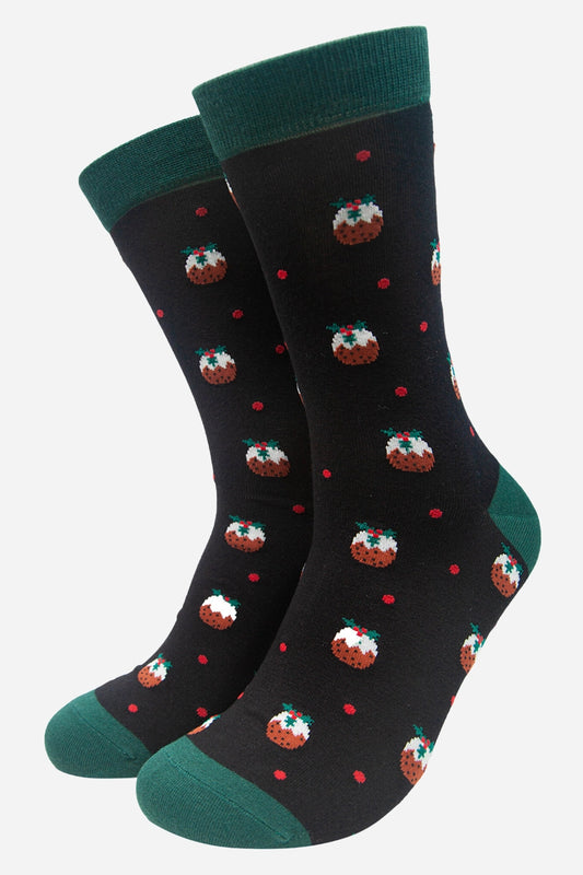 Mens Christmas Pudding Bamboo Socks in Black and Green