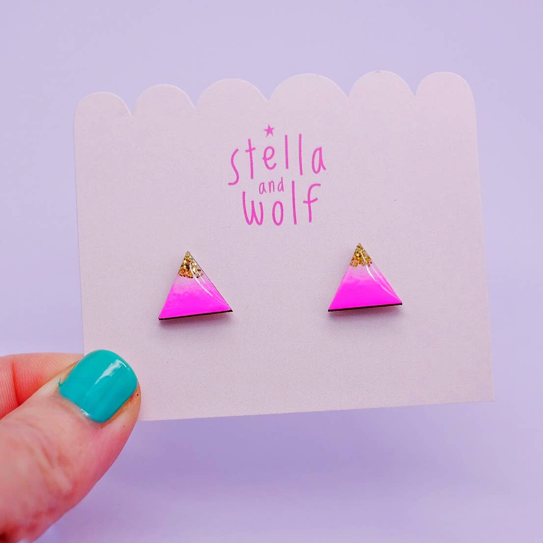 Neon pink and gold glitter triangle studs