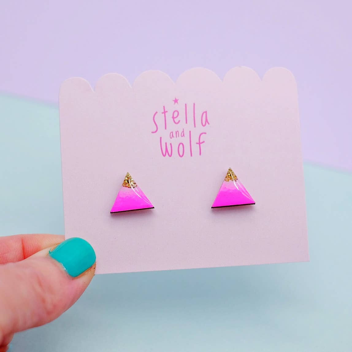 Neon pink and gold glitter triangle studs