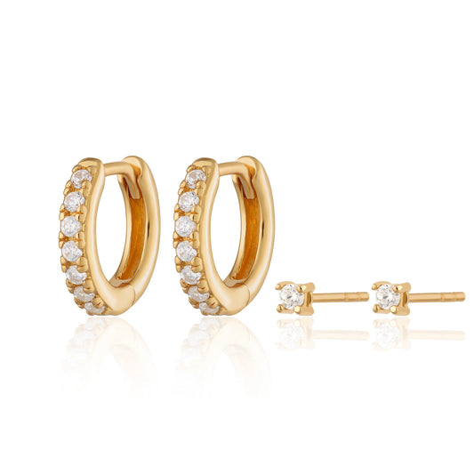 Sparkle Huggie and Tiny Stud Set of Earrings - Gold