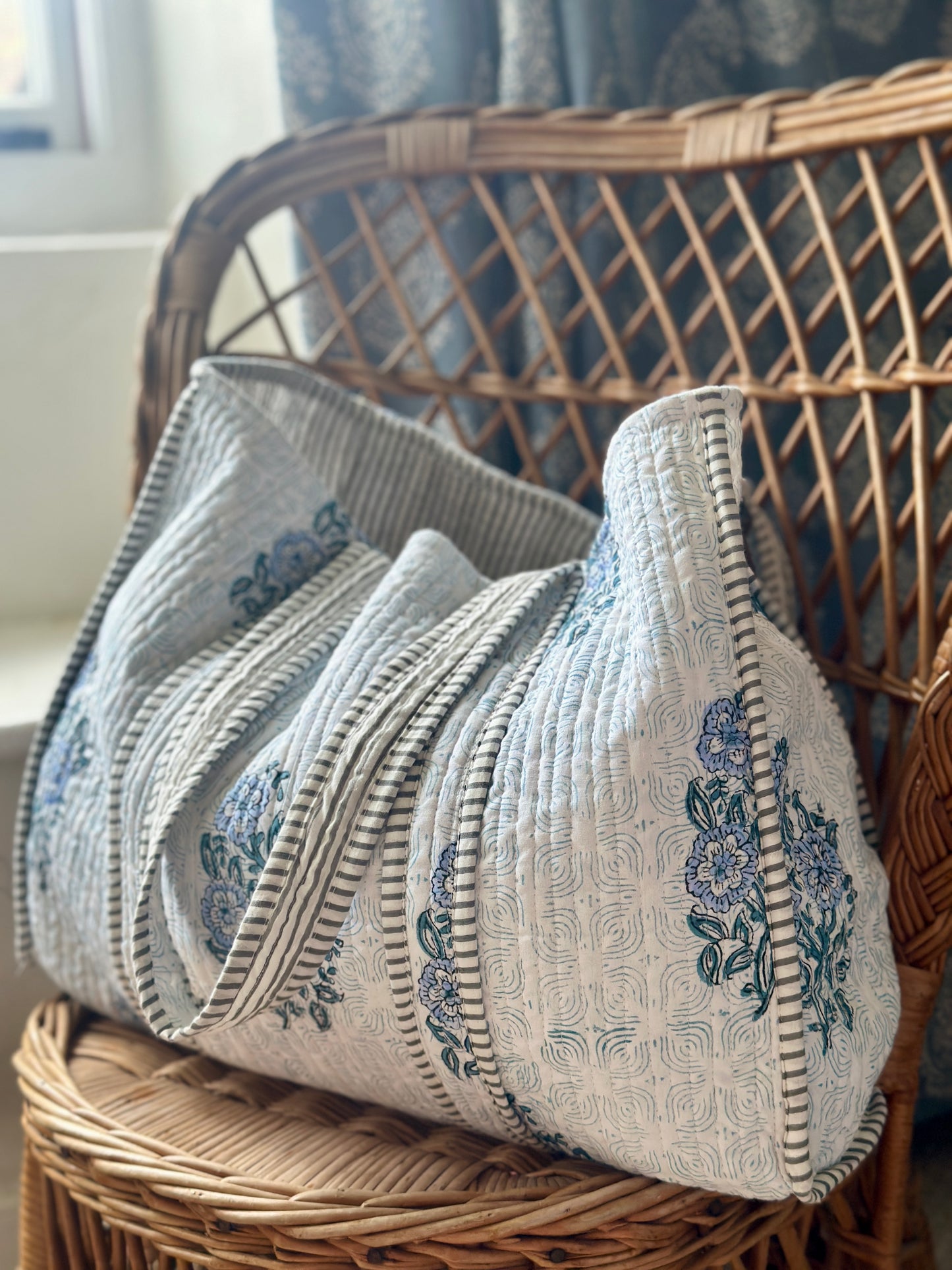 French Blue Floral Block Print Tote