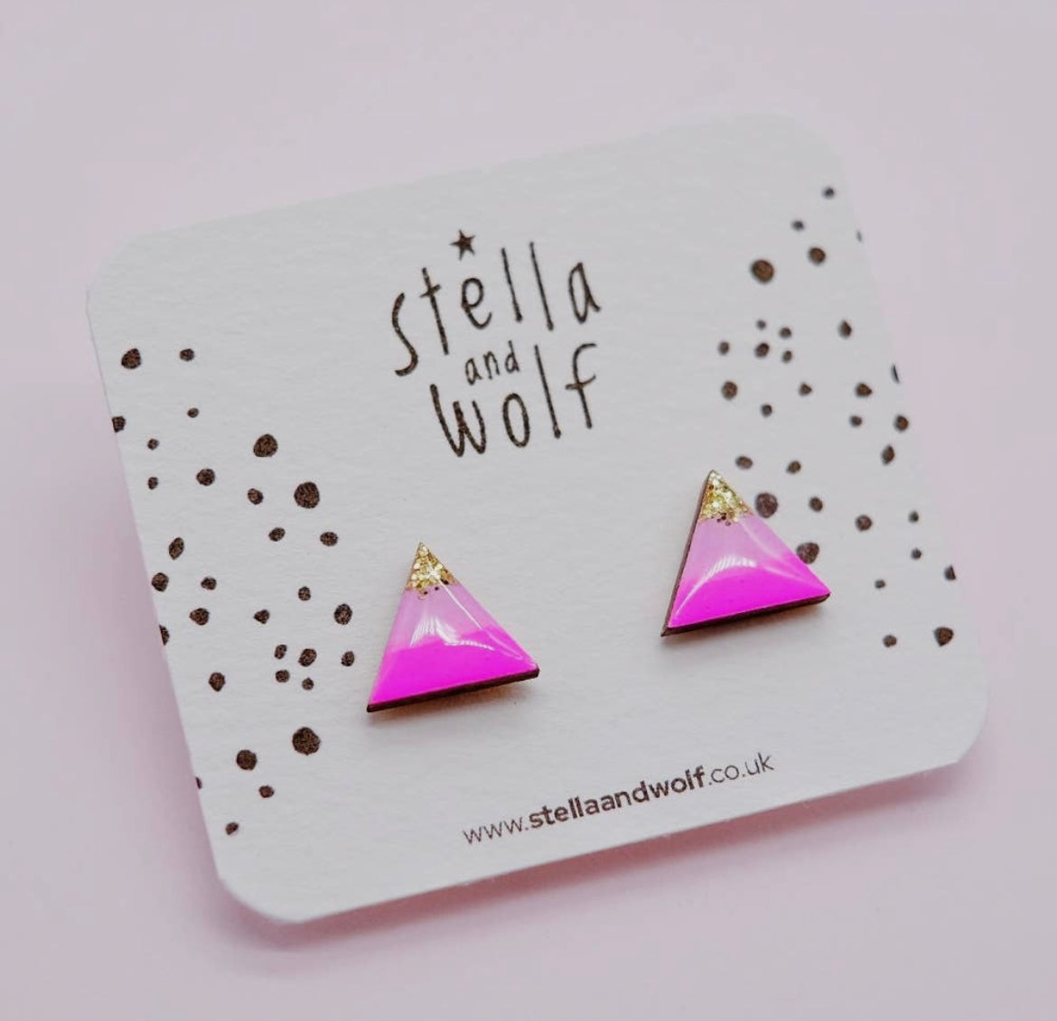 Neon Pink and Gold Glitter Triangle Studs