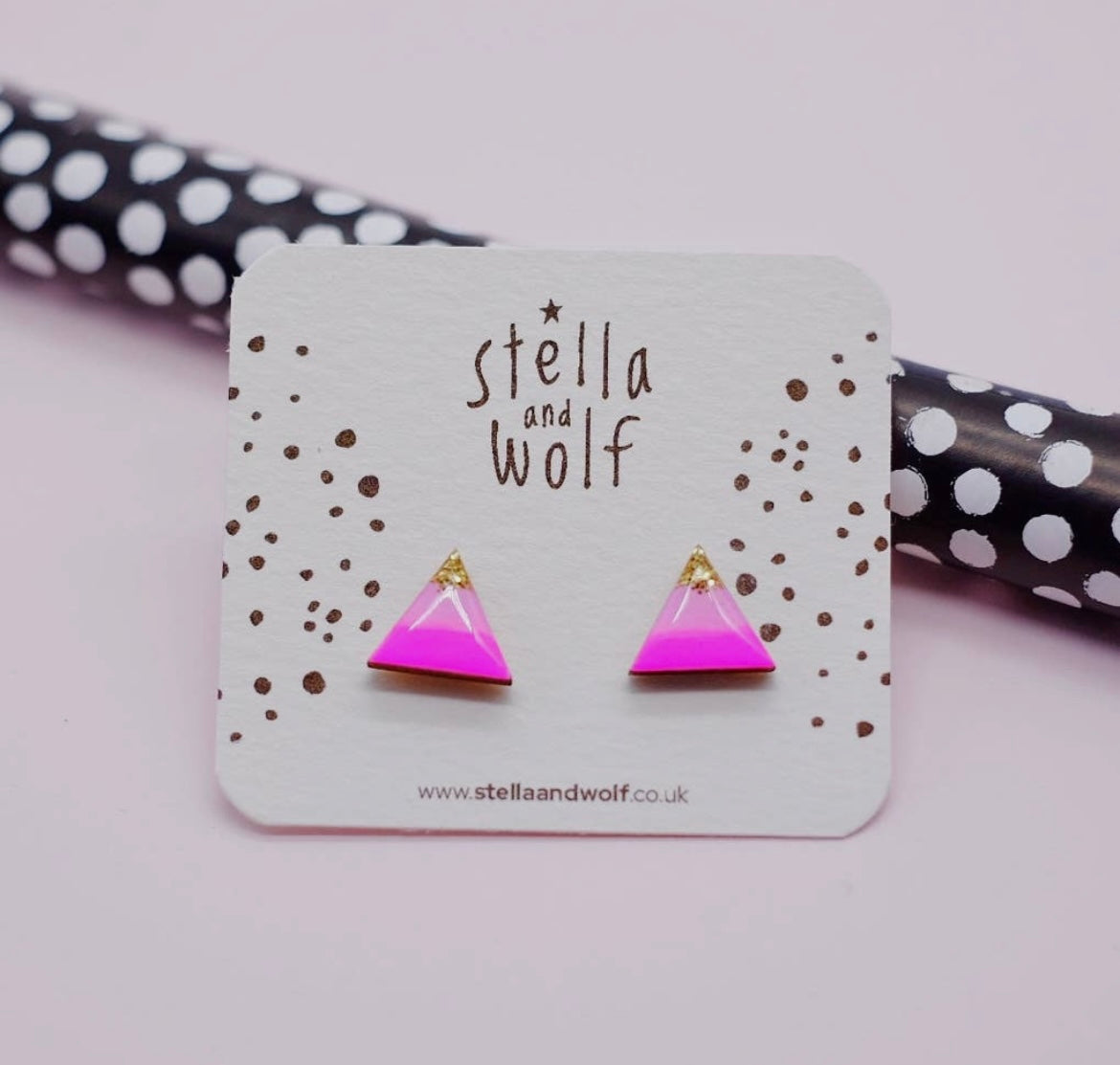 Neon Pink and Gold Glitter Triangle Studs