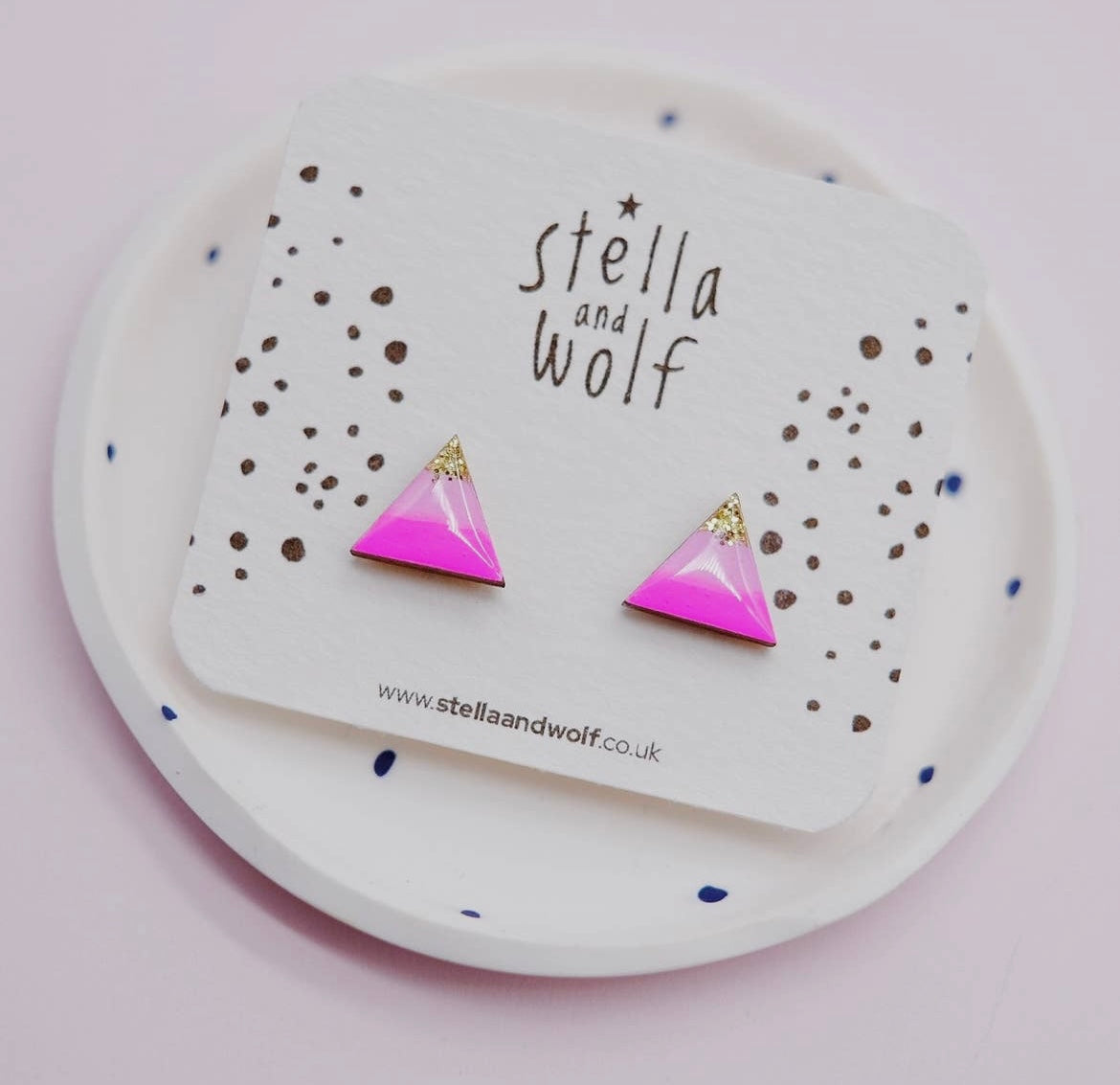 Neon Pink and Gold Glitter Triangle Studs