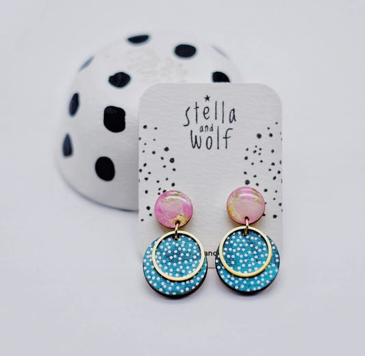 Pretty teal and pink polka dot drop earrings