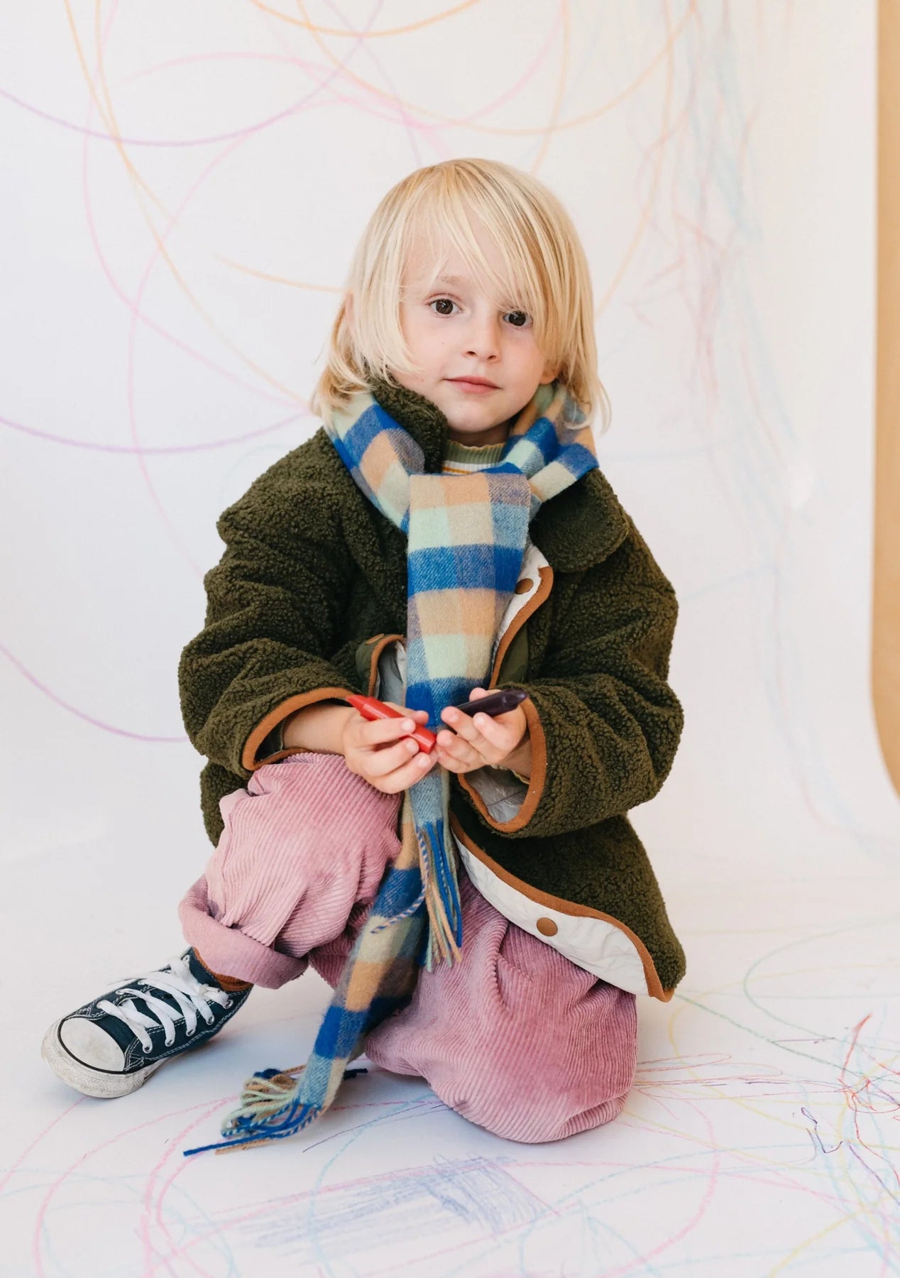 Lambswool Kids Scarf  - Blue Multi Gingham