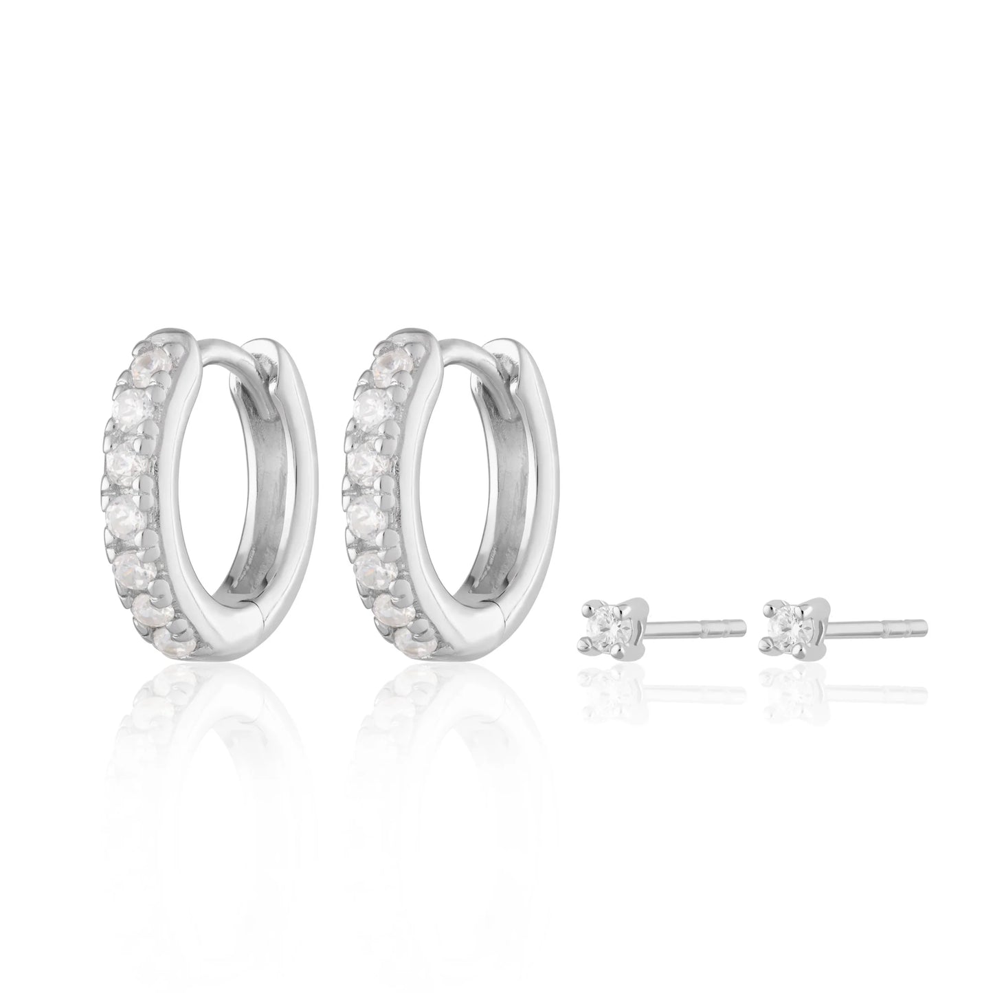 Sparkle Huggie and Tiny Stud Set of Earrings - Silver