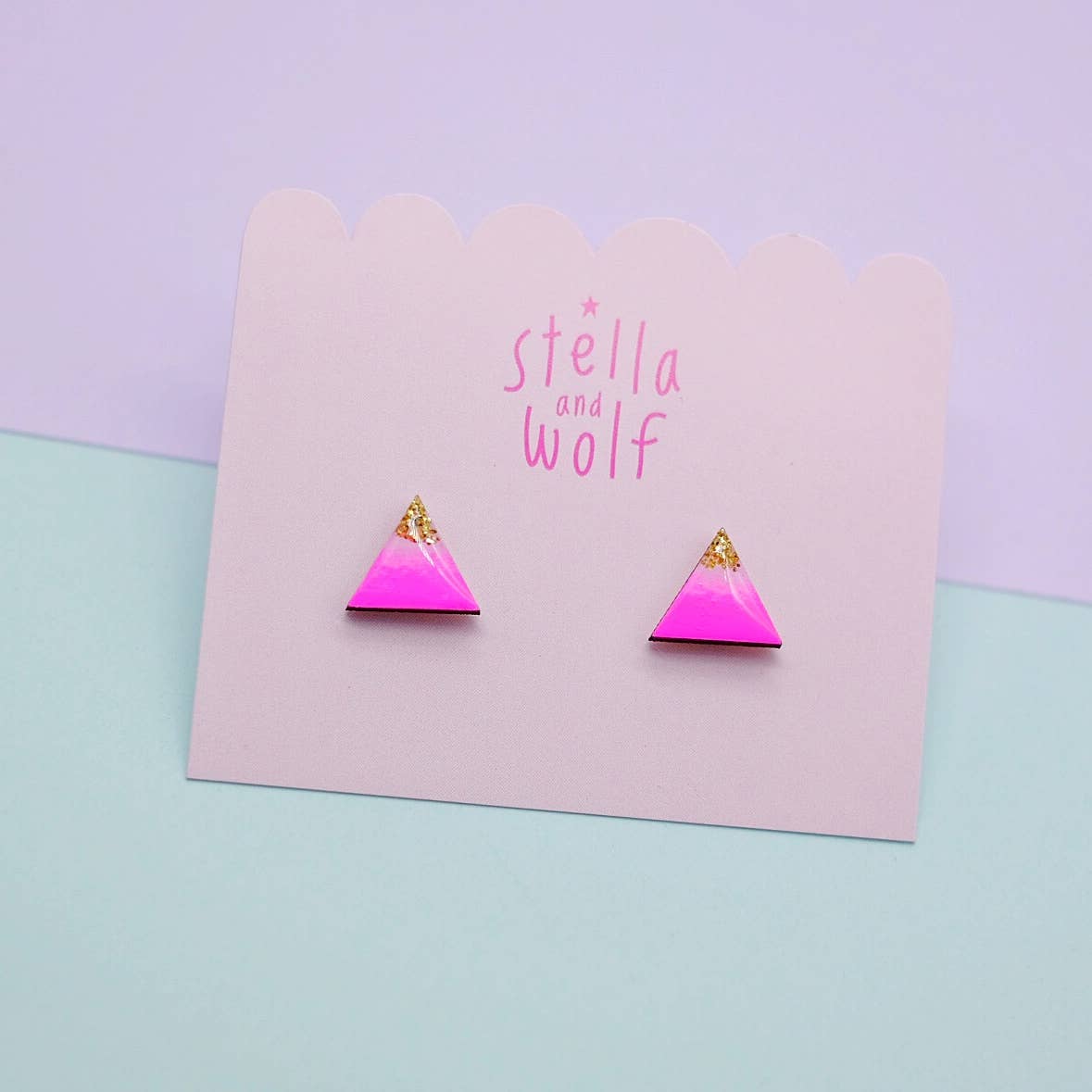 Neon pink and gold glitter triangle studs