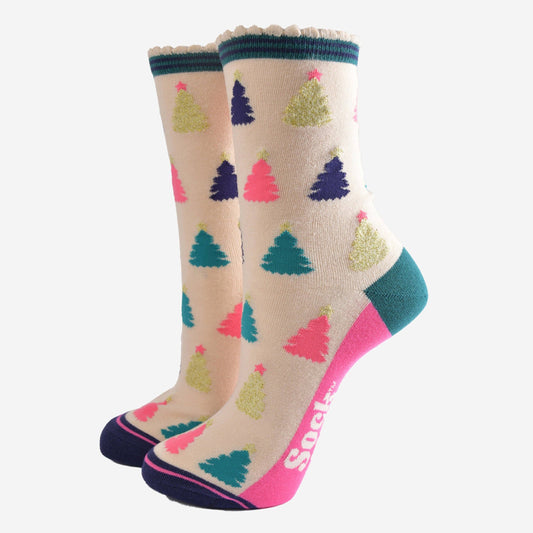 Women's Bamboo Socks - Cream/Pink, Christmas Tree: UK 3-7 | EU 36-40 | US 5-9