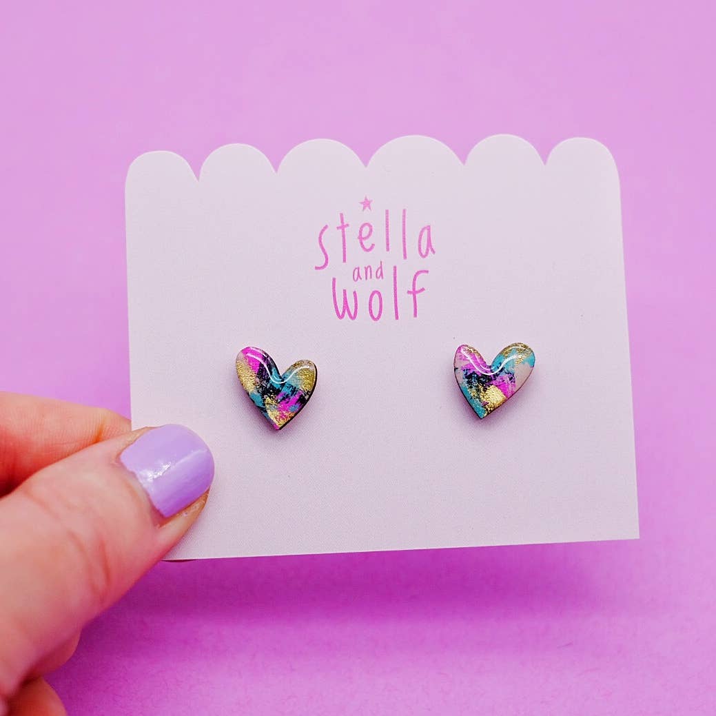 Abstract heart earrings, wooden hand painted studs