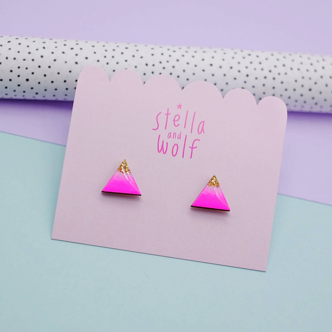 Neon pink and gold glitter triangle studs