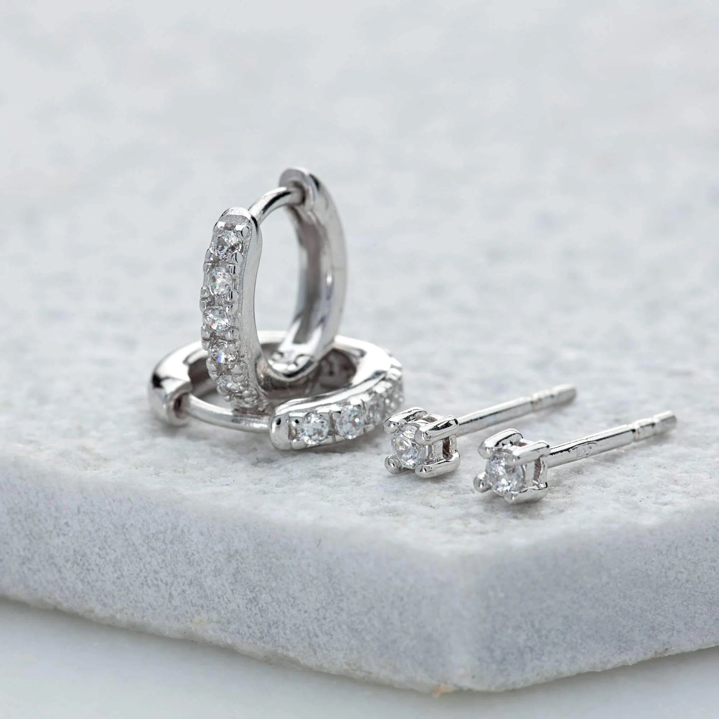 Sparkle Huggie and Tiny Stud Set of Earrings - Silver