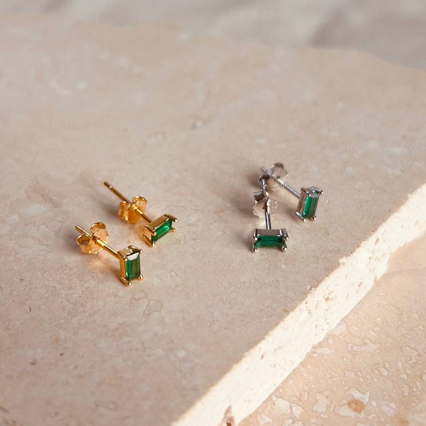 Oblong Emerald Studs: Gold