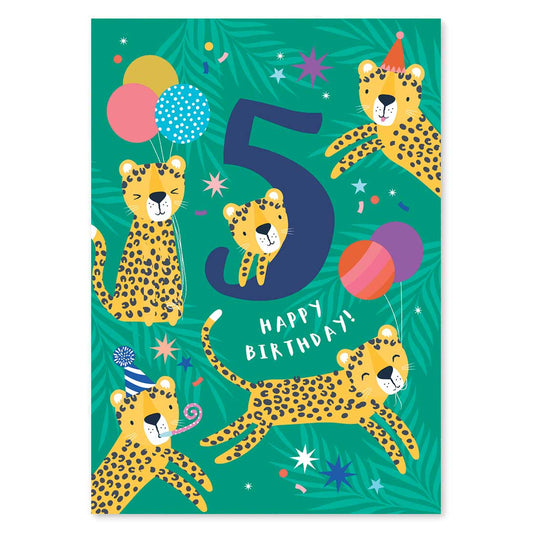 Cute Age 5 Leopard Birthday card