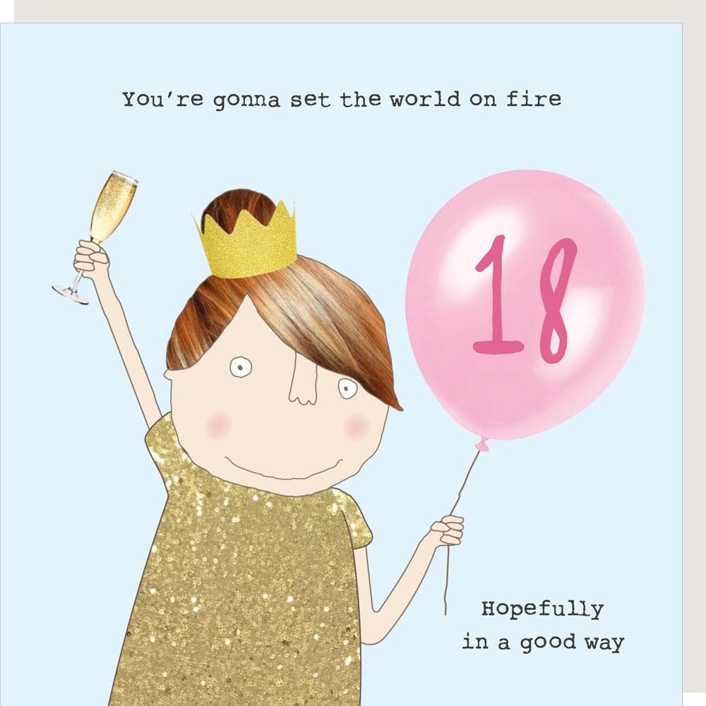 Pale blue card with cartoon lady wearing a gold sparkly dress wearing a gold crown, holding a glass of champagne in one hand and pink balloon with the number eighteen on it