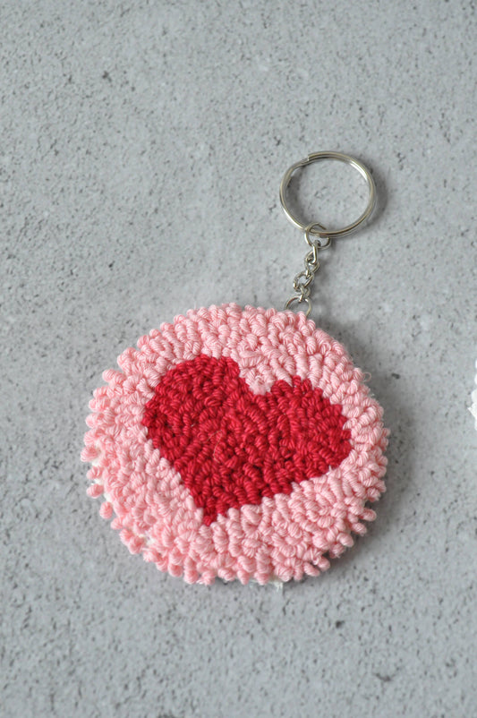 Daisy Punch Needle Keychain | Bag Charm: Pink+Red Heart